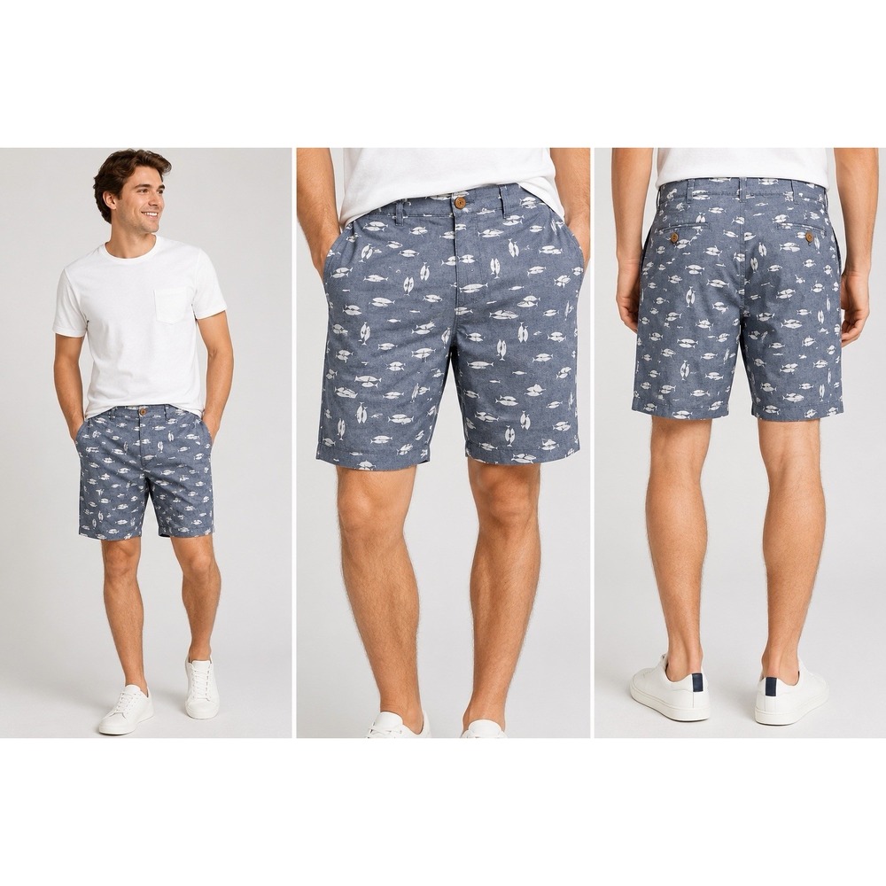 J.Crew Men's Reade Fish Print Shorts Blue Chambray Cotton Flat Front 36W Coastal